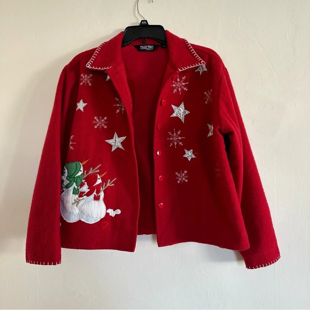 Vintage Take Two Christmas Wool Blend Sweater Coat Sz M Red Embroidered Snowman - Picture 8 of 15